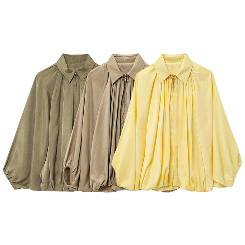 Damen Weite plissierte Hemdblusen-Jacke mit Hemdkragen, Reißverschluss und ballonförmigem Saum Nord Taschen