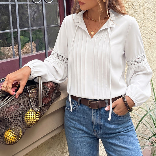 Damen Plissierte Chiffonbluse mit Schleifenkragen und Spitzeneinsatz Nord Taschen