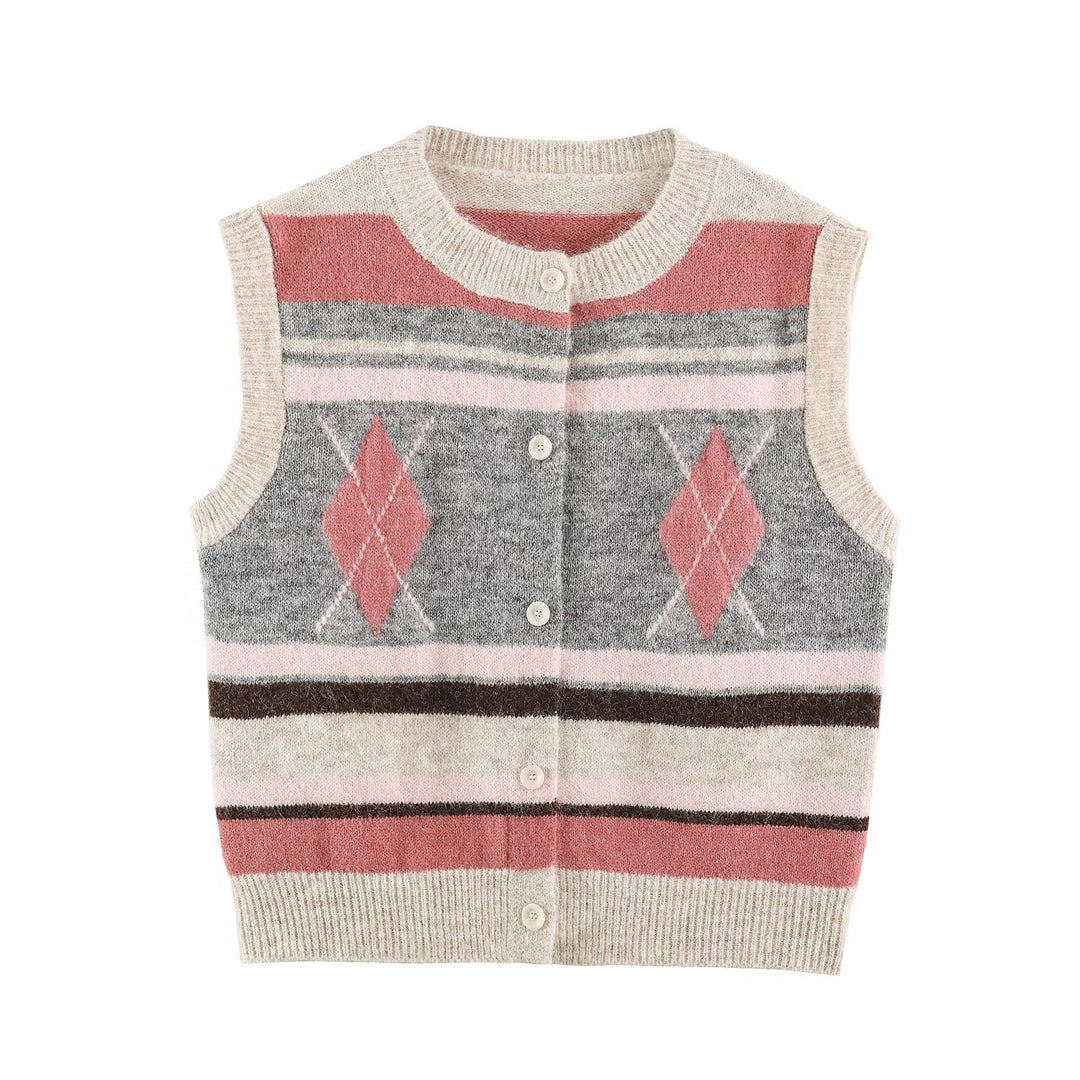 Damen Ärmellose Argyle-Strickweste mit durchgehender Knopfleiste und geripptem Saum Nord Taschen