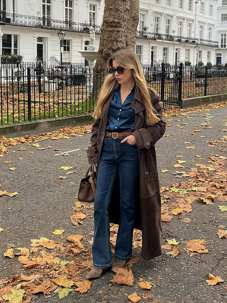 Damen Langschnitt Wildleder-Trenchcoat mit Oversize-Kragen und Bindegürtel Nord Taschen