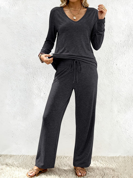 Damen Lounge-Set aus weichem Viskose-Modal-Mix mit V-Ausschnitt, Tunnelzughose und weitem Bein Nord Taschen