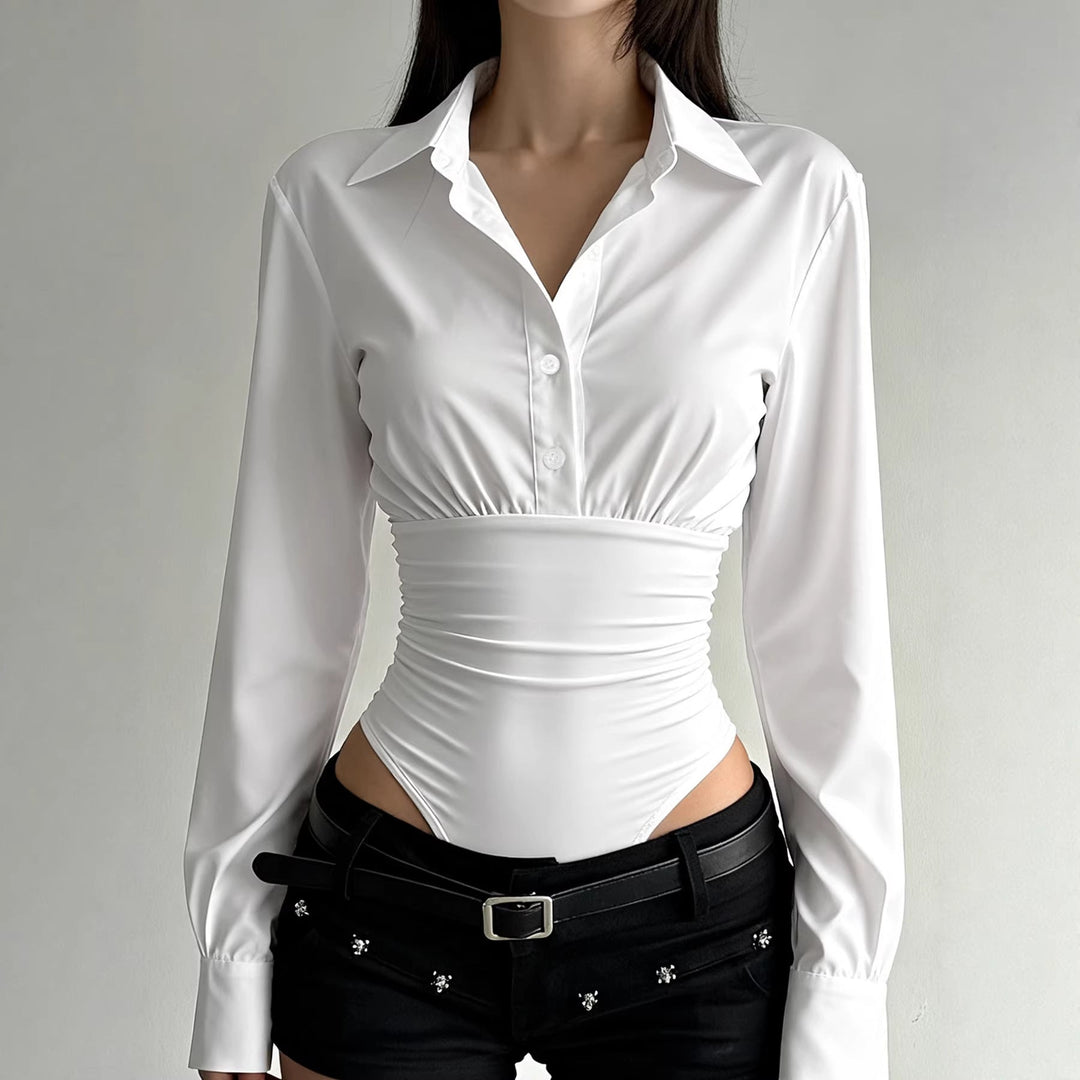 Damen eleganter Bodysuit mit feinem Kragen und Knopfdetails