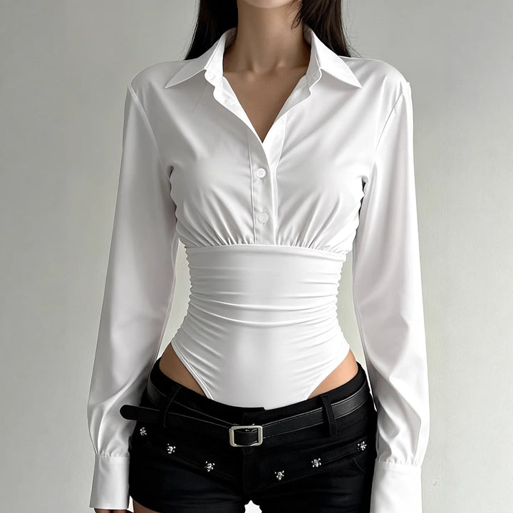 Damen eleganter Bodysuit mit feinem Kragen und Knopfdetails