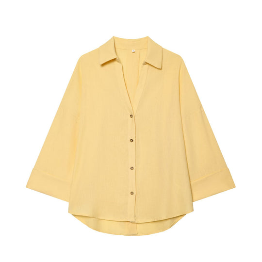 Damen Oversize Hemdbluse mit 3/4‑Ärmeln, High‑Low‑Saum und Hemdkragen Nord Taschen