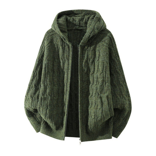 Damen Oversize Zopfstrick-Kapuzencardigan mit durchgehendem Reißverschluss und Ballonärmeln Nord Taschen