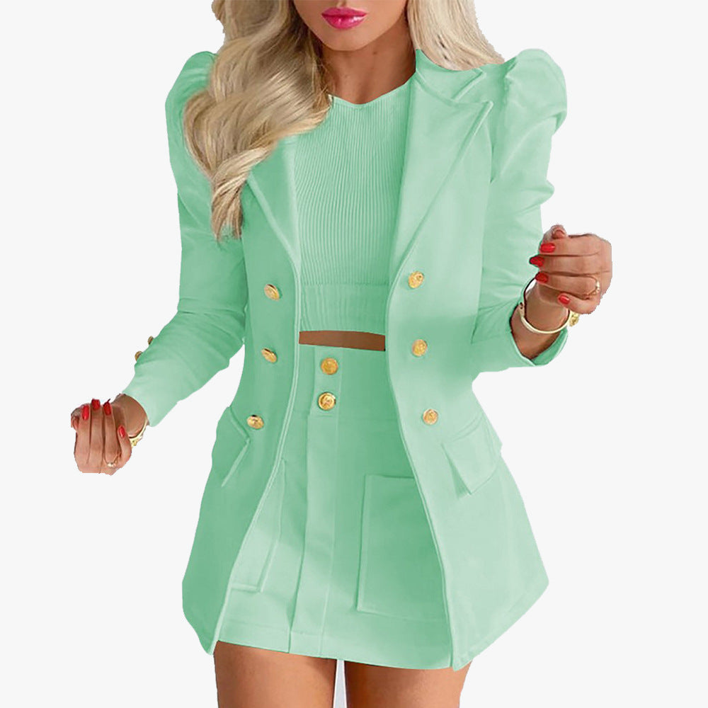 Damen Taillierter Doppelreihiger Blazer mit Puffärmeln und goldenen Zierknöpfen Nord Taschen