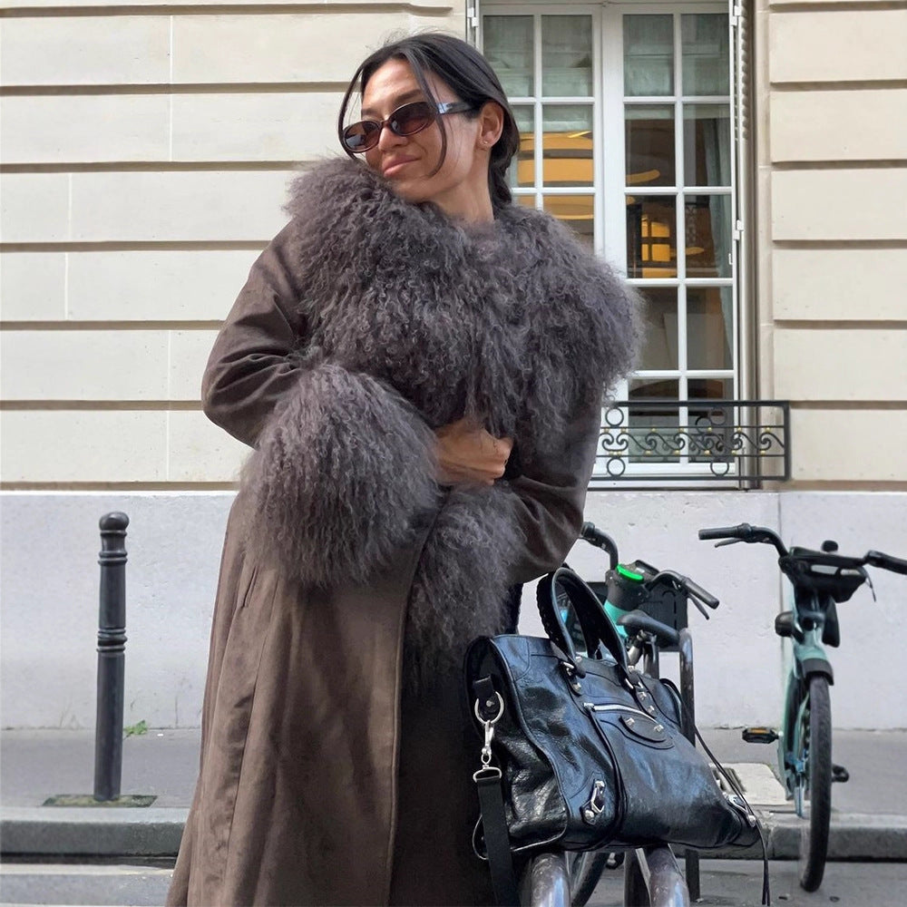 Damen Mantel aus Veloursleder‑Optik mit voluminösem Faux‑Fur‑Schalkragen, Fellmanschetten & Taillengürtel Nord Taschen