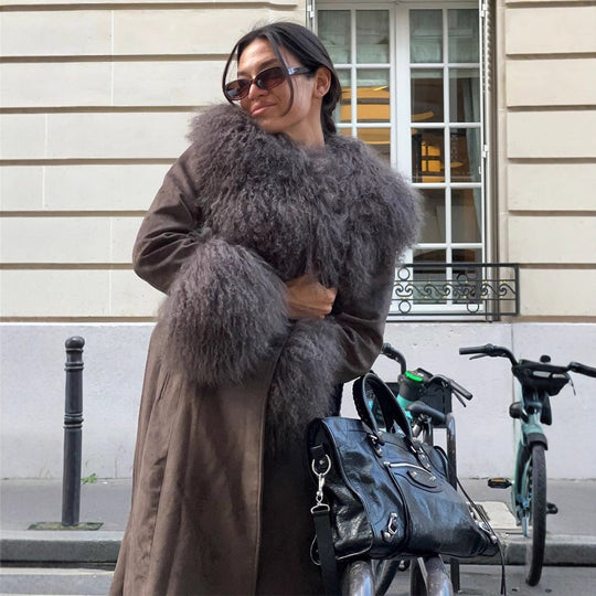 Damen Mantel aus Veloursleder‑Optik mit voluminösem Faux‑Fur‑Schalkragen, Fellmanschetten & Taillengürtel Nord Taschen