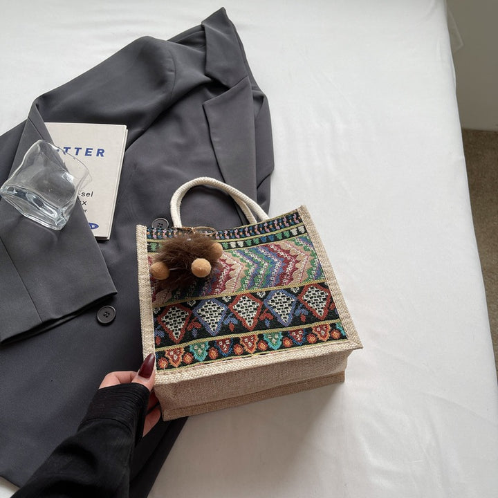 Damen Jute-Handtasche mit handgewebtem Ethnodruck Nord Taschen