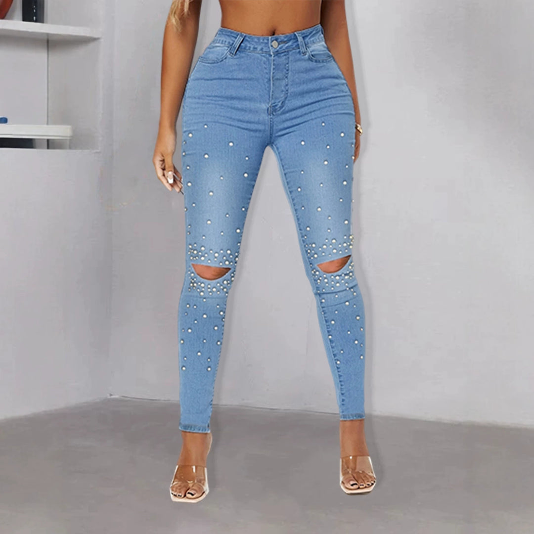 Damen Enganliegende High-Waist Skinny-Jeans mit Perlenbesatz und Knie-Cutouts Nord Taschen