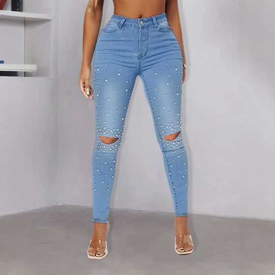 Damen Enganliegende High-Waist Skinny-Jeans mit Perlenbesatz und Knie-Cutouts Nord Taschen
