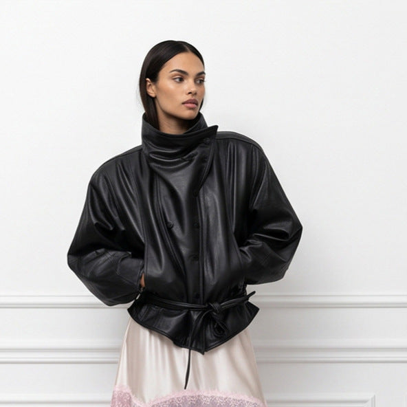 Damen Oversize-Kunstleder-Bomberjacke mit hohem Stehkragen und Taillengürtel Nord Taschen