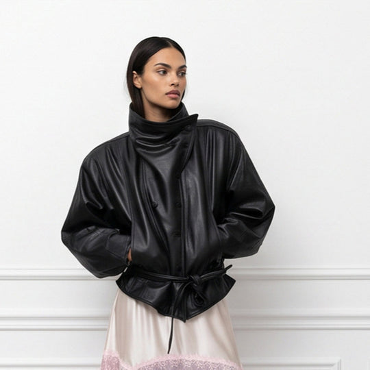 Damen Oversize-Kunstleder-Bomberjacke mit hohem Stehkragen und Taillengürtel Nord Taschen