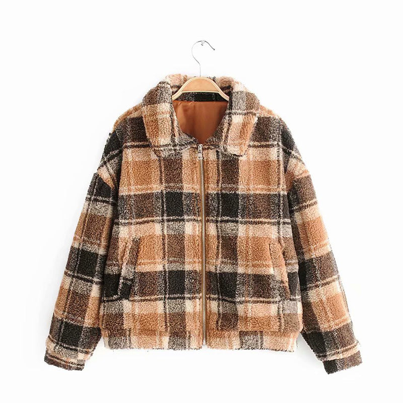 Damen Karierte Teddyjacke mit Reißverschluss, Oversize‑Schnitt und Kunstfellfutter Nord Taschen