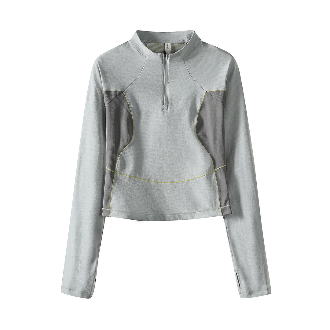 Damen Cropped Halbzip-Trainingsshirt mit Raglanärmeln und Kontrastpaneelen Nord Taschen