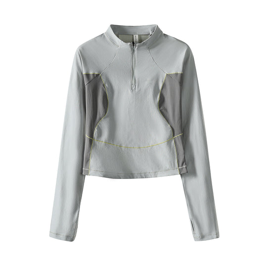 Damen Cropped Halbzip-Trainingsshirt mit Raglanärmeln und Kontrastpaneelen Nord Taschen