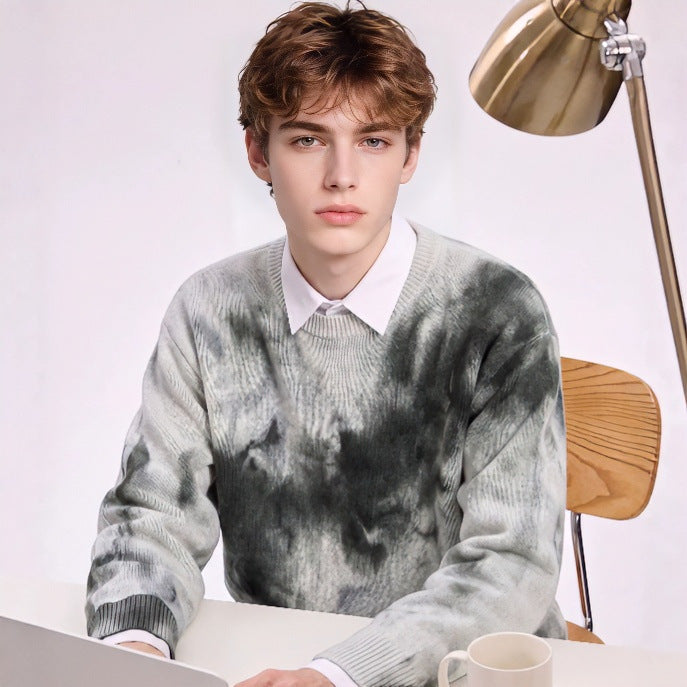 Herren Oversize-Strickpullover mit Batikoptik, Rundhalsausschnitt und Rippbündchen Nord Taschen