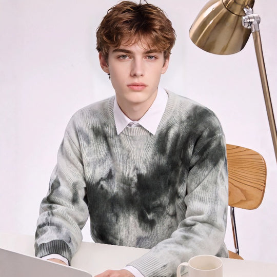 Herren Oversize-Strickpullover mit Batikoptik, Rundhalsausschnitt und Rippbündchen Nord Taschen