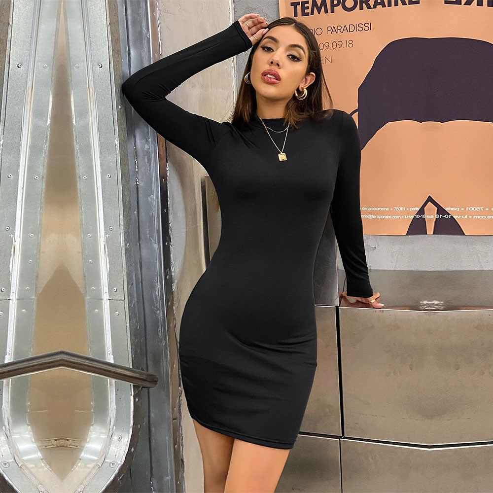 Damen figurbetontes Langarm-Minikleid mit Stehkragen und Sculpting-Jersey Nord Taschen