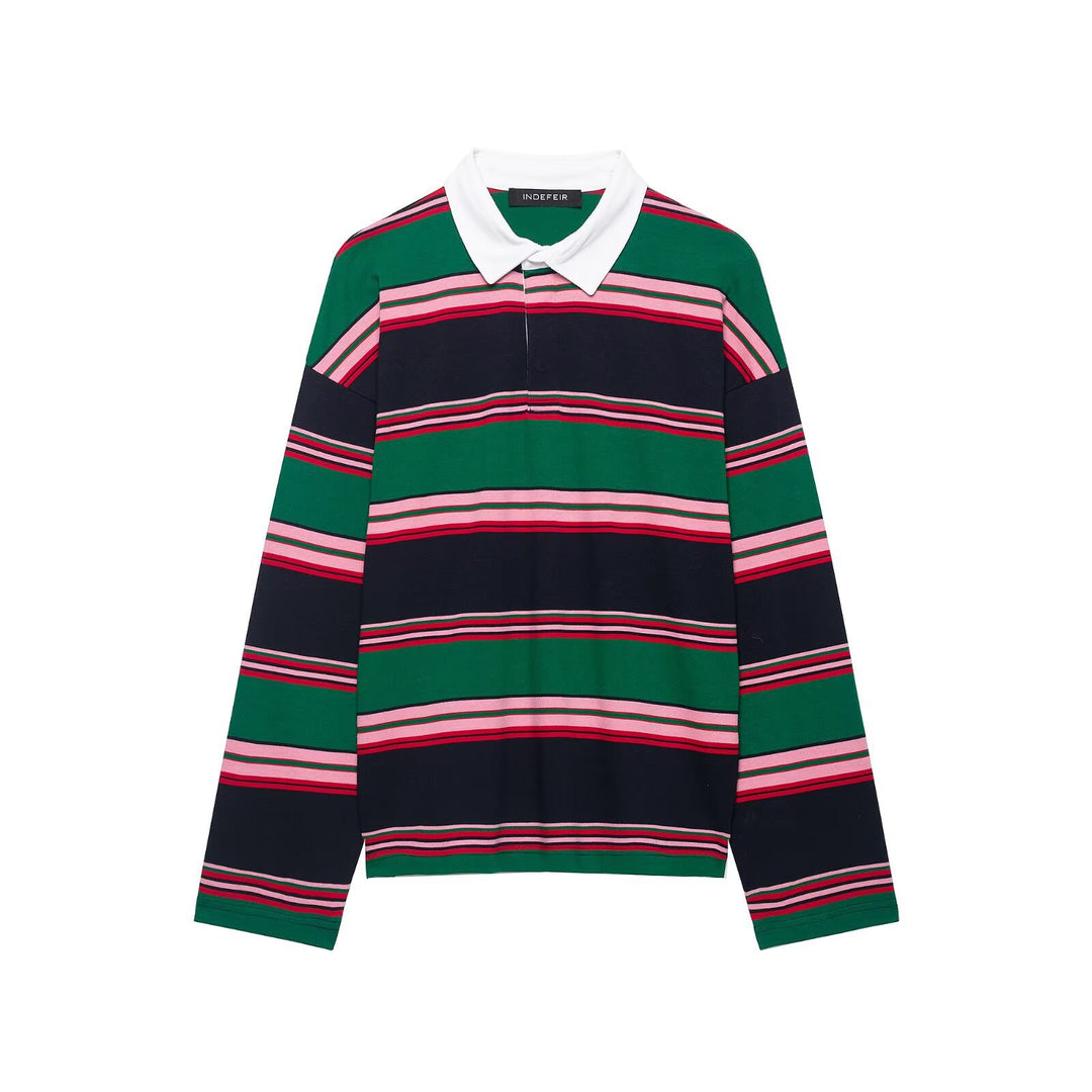 Damen Oversize Rugby-Poloshirt mit weißem Kentkragen und breiten Querstreifen Nord Taschen