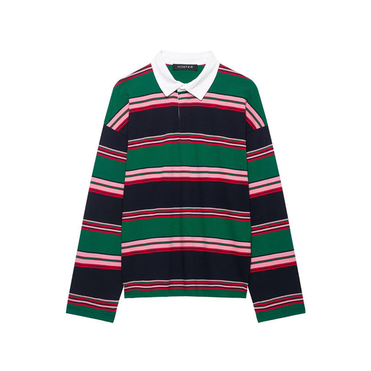 Damen Oversize Rugby-Poloshirt mit weißem Kentkragen und breiten Querstreifen Nord Taschen