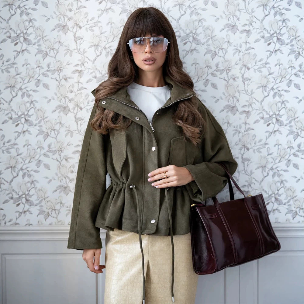 Damen Kurzblouson aus Veloursleder-Optik mit Kapuze, Tunnelzug‑Taillierung und Pattentaschen Nord Taschen