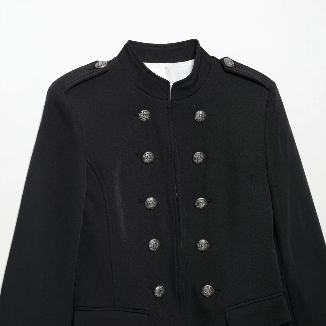 Damen Taillierte Military-Shortjacke mit Stehkragen und Doppelreihe Nord Taschen