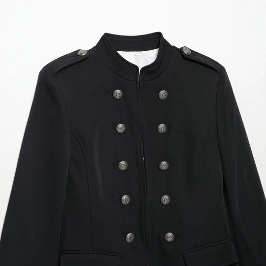 Damen Taillierte Military-Shortjacke mit Stehkragen und Doppelreihe Nord Taschen