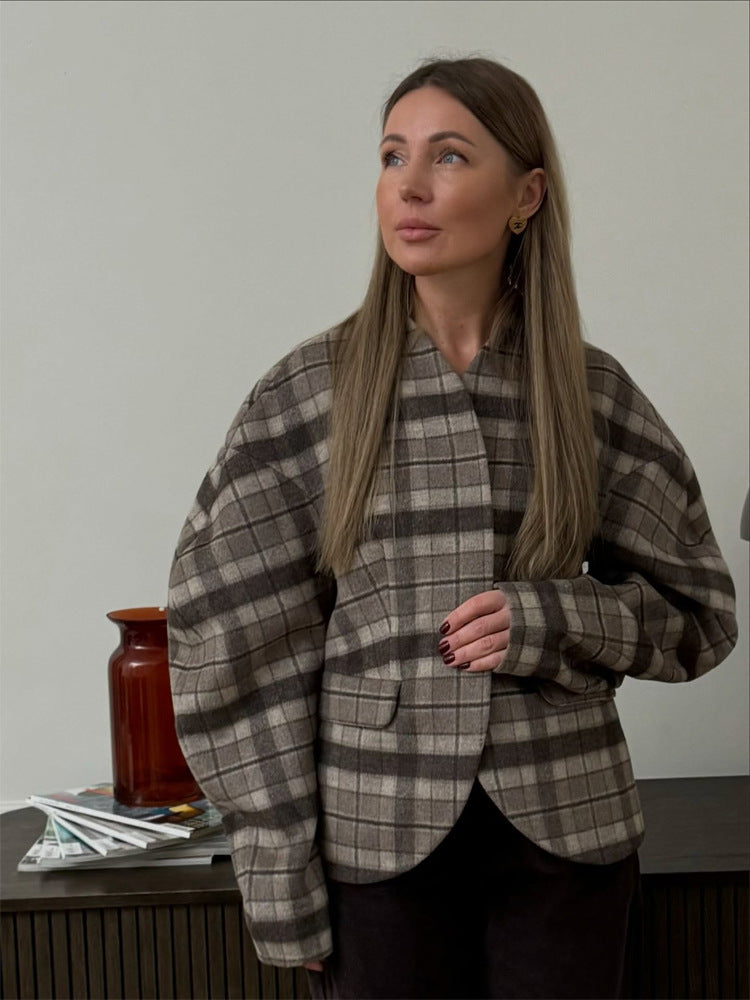 Damen Karierter Boxy‑Blazer mit voluminösen Ballonärmeln Nord Taschen
