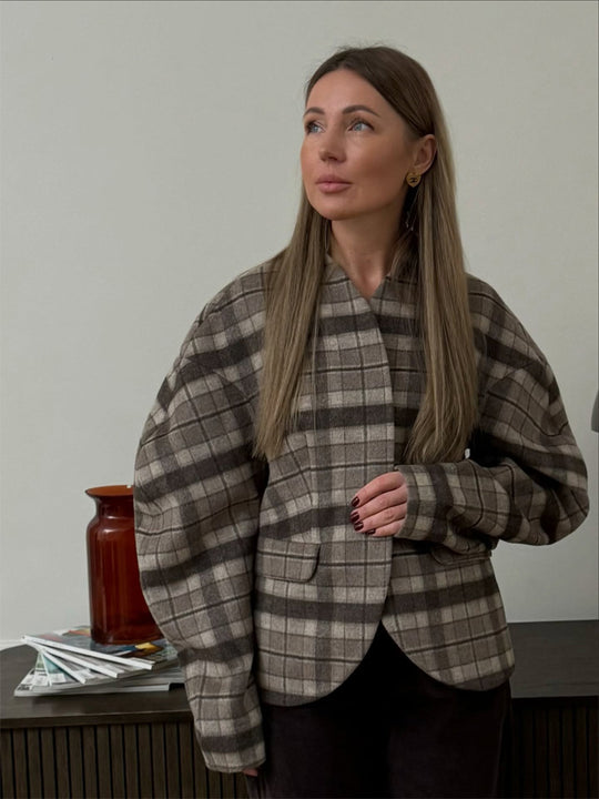 Damen Karierter Boxy‑Blazer mit voluminösen Ballonärmeln Nord Taschen
