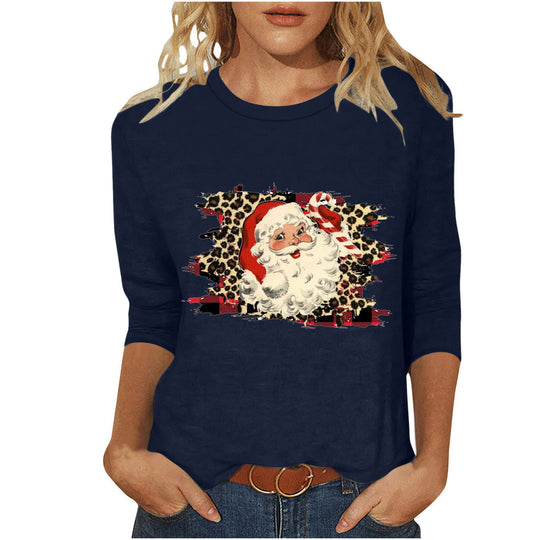 Damen nan lässiges Sweatshirt mit Retro-Weihnachtsmann-Print, Leoparden- und Karomuster und dreiviertelärmel Nord Taschen
