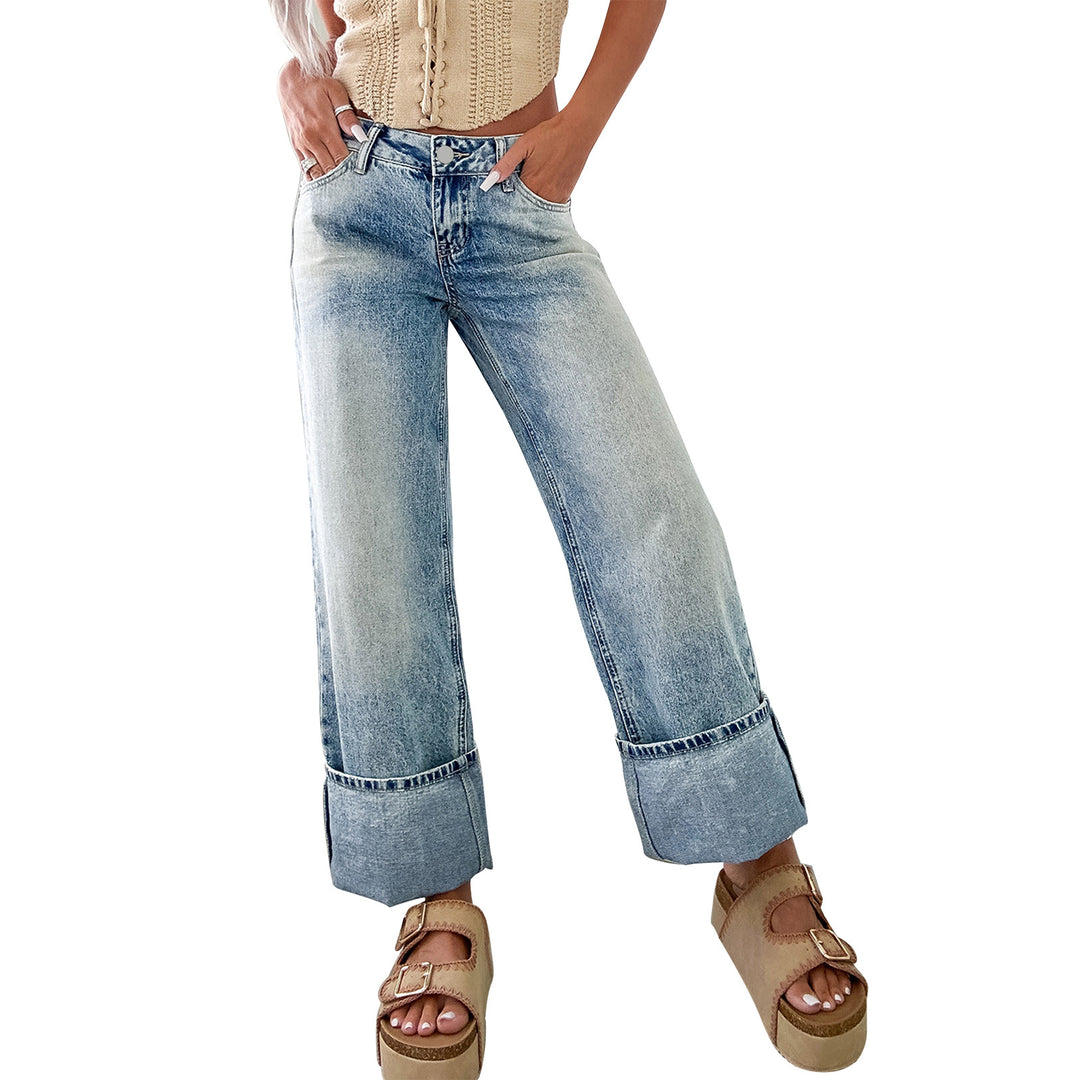 Damen Weite High-Waist Jeans mit breitem Umschlag Nord Taschen
