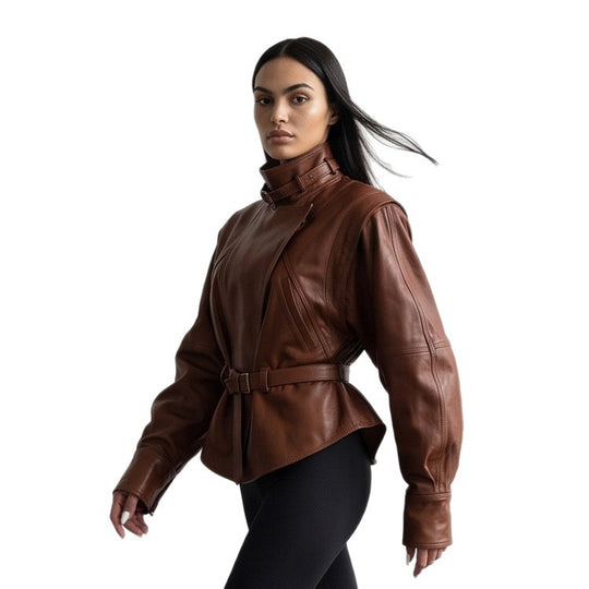 Damen Taillierte Kunstlederjacke mit Stehkragen, Nackenriemen und figurformendem Taillengürtel Nord Taschen