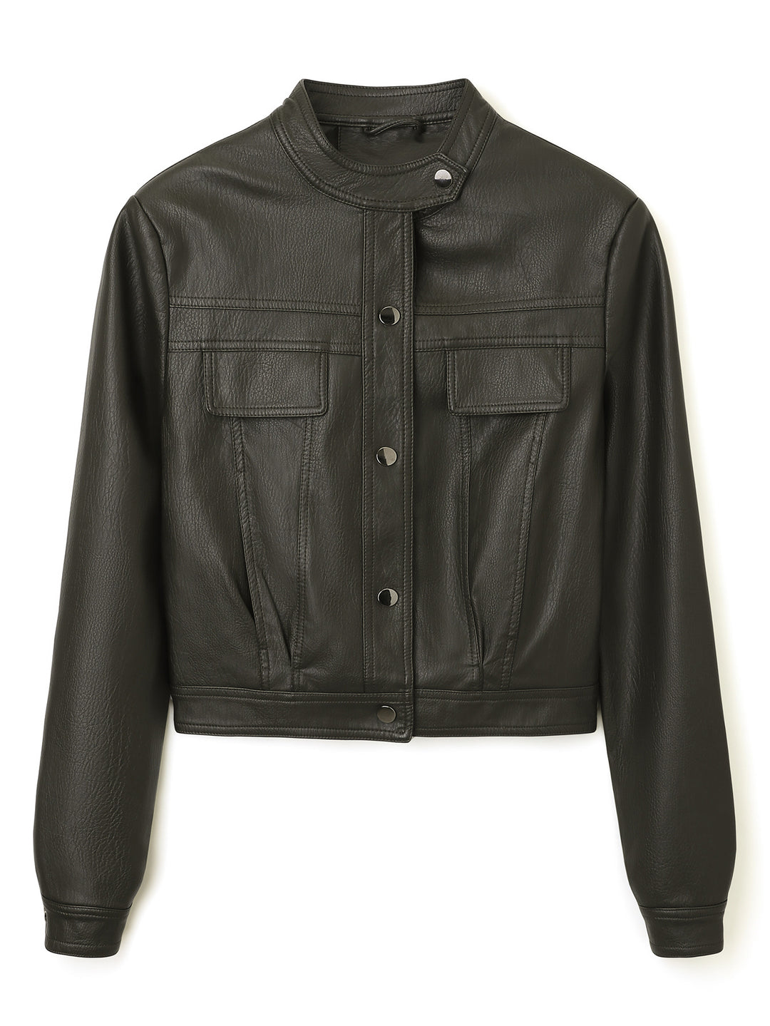 Damen Kurz geschnittene Lederjacke mit Stehkragen und Pattentaschen Nord Taschen