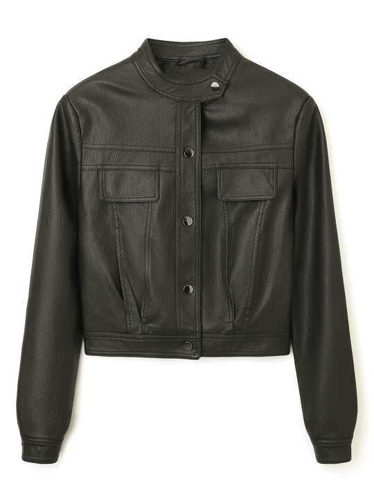 Damen Kurz geschnittene Lederjacke mit Stehkragen und Pattentaschen Nord Taschen