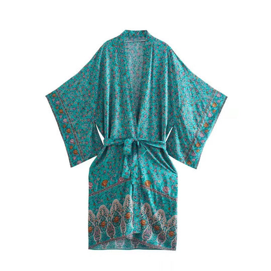 Damen Kurzer Boho-Kimono-Morgenmantel mit Bindegürtel und breiten Kimonoärmeln Nord Taschen