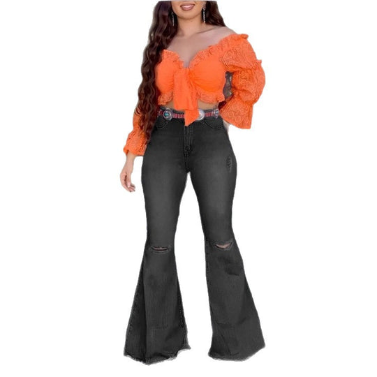 Damen Hochtaillierte Schlaghose-Jeans mit ausgestelltem Bein, Knie-Rissen und figurformendem Stretchbund Nord Taschen