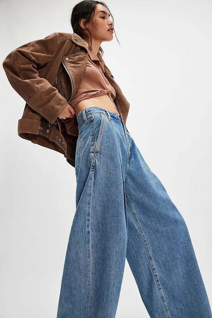 Damen hochgeschnittene Denim-Palazzohose mit markanten Bundfalten und extra weitem Bein Nord Taschen