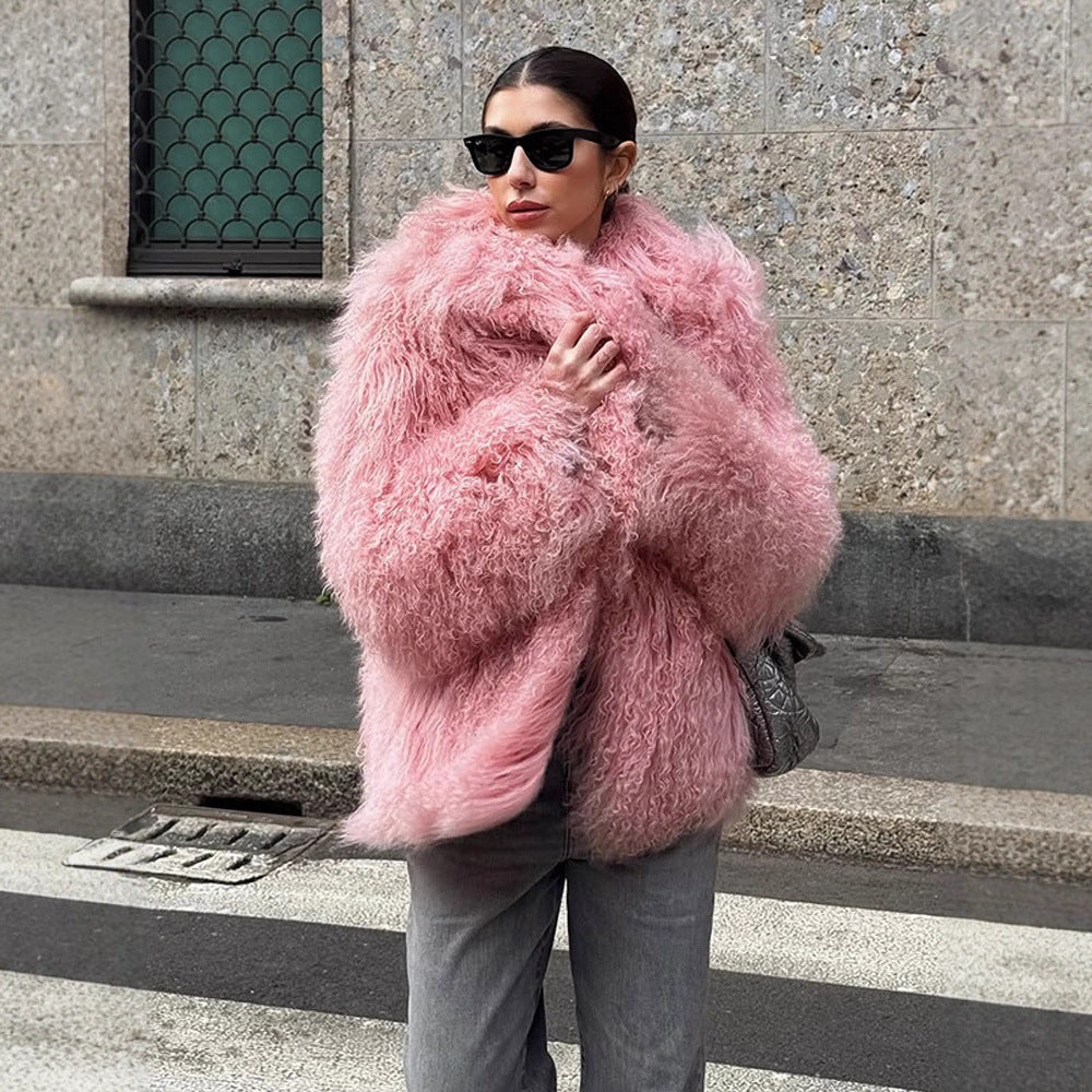 Damen Kurz geschnittener Shaggy Fauxfur Mantel mit voluminösem Schalkragen und Oversize-Silhouette Nord Taschen