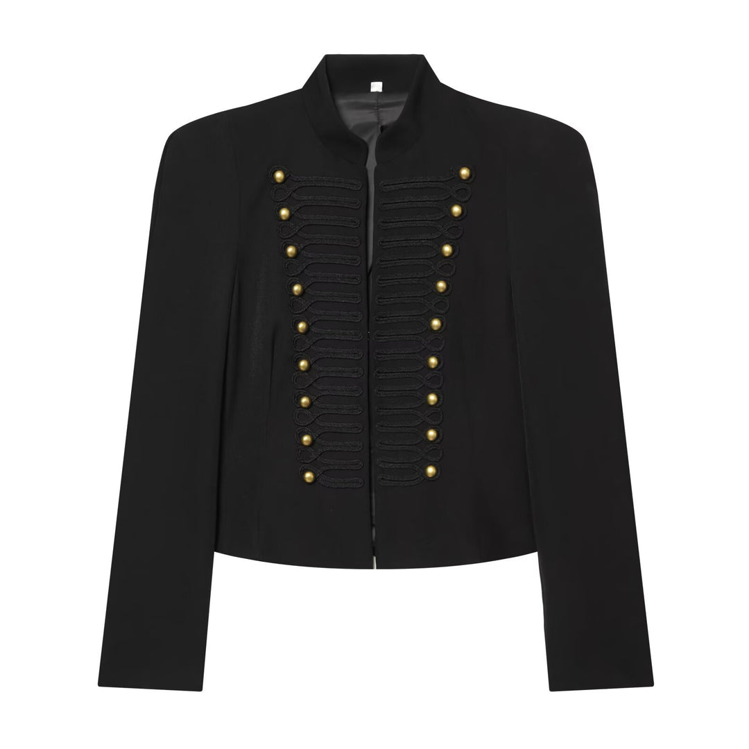 Damen Kurzer Feldblazer mit Stehkragen, Kordelverzierung und Messingknöpfen Nord Taschen