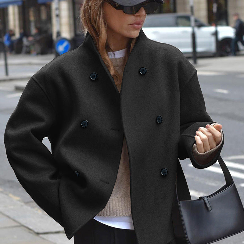 Damen modische Wolljacke mit doppelter Knopfleiste und hohen Kragen