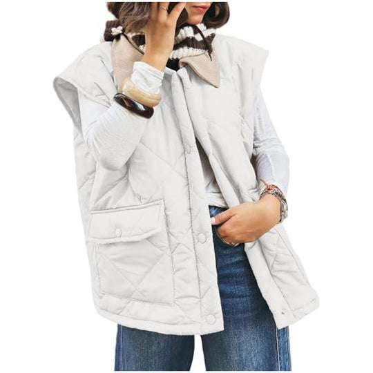 Damen Oversize Steppweste mit Druckknopf-Taschen und hohem Kragen Nord Taschen