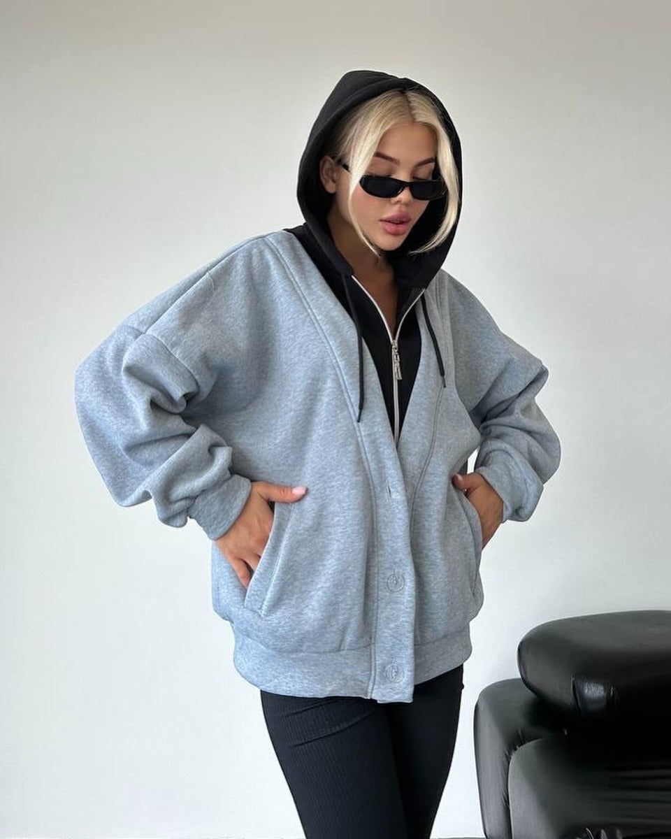 Damen Oversized Kapuzenjacke mit Druckknopfverschluss und Eingrifftaschen Nord Taschen