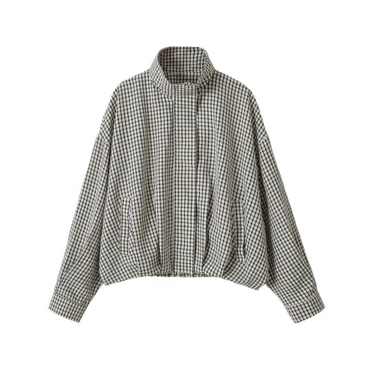 Damen Oversize Kurzblouson im Karo-Design mit hohem Stehkragen und Tunnelzugsaum Nord Taschen