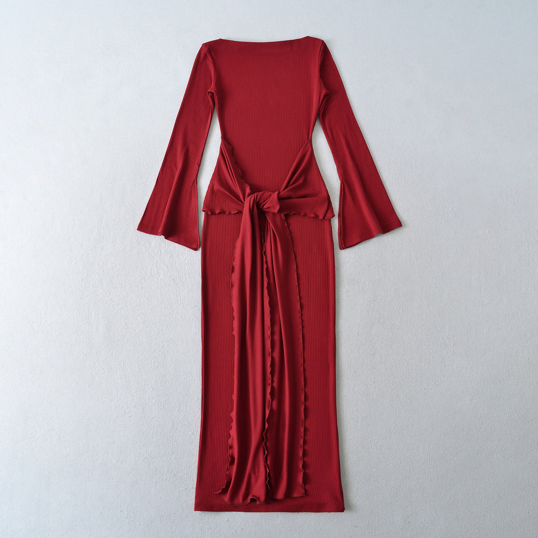 Damen Maxikleid aus Rippstrick mit Trompetenärmeln und Taillen-Knotendetail Nord Taschen