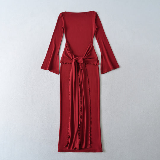 Damen Maxikleid aus Rippstrick mit Trompetenärmeln und Taillen-Knotendetail Nord Taschen