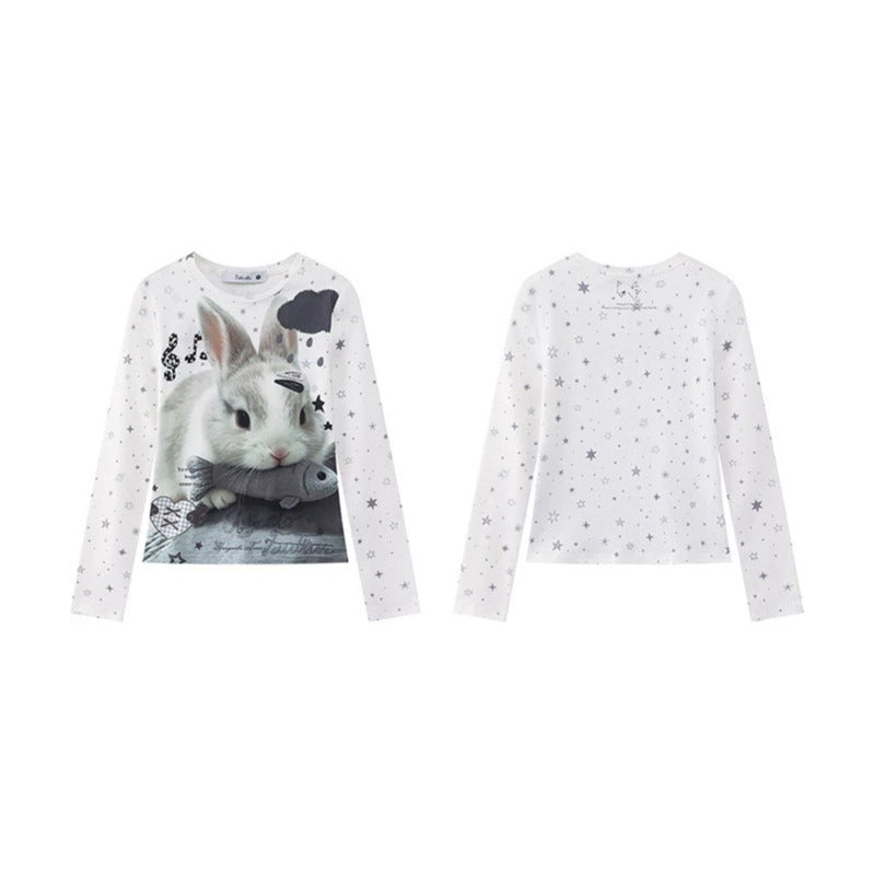 Damen Langarmshirt mit fotorealistischem Hasen-Fotoprint, Allover-Sternenmuster und elastischem Jersey Nord Taschen