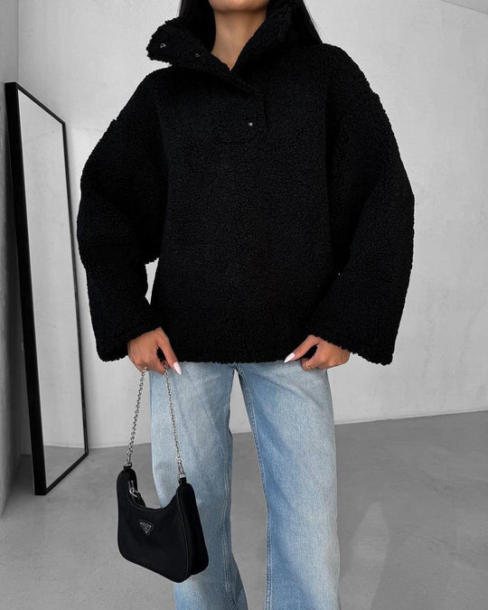 Damen Oversized Teddy-Pullover mit halber Druckknopfleiste und Stehkragen Nord Taschen