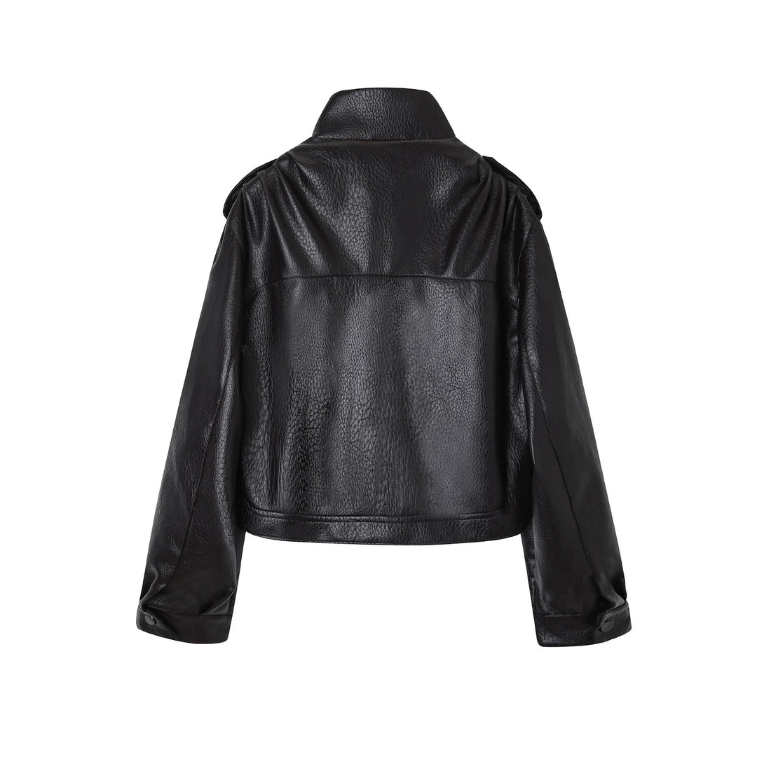 Damen Kurzjacke im Utility-Look aus strukturierter Kunstlederoptik mit hohem Stehkragen und verstellbarem Taillengürtel Nord Taschen