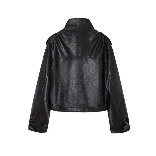Damen Kurzjacke im Utility-Look aus strukturierter Kunstlederoptik mit hohem Stehkragen und verstellbarem Taillengürtel Nord Taschen